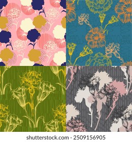 Carnation Flowers Pattern Background. Seamless Rose wallpaper. Organic Nature Plant Vector Patterns. Floral botanical pattern for decorative designs