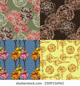 Carnation Flowers Pattern Background. Seamless Rose wallpaper. Organic Nature Plant Vector Patterns. Floral botanical pattern for decorative designs