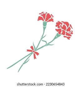 Carnation flowers with red ribbon isolated on white background. Vector illustration