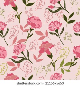 Carnation flowers seamless pattern on light pink background. Vector illustration for textiles, fabric design, greeting card and wallpapers.