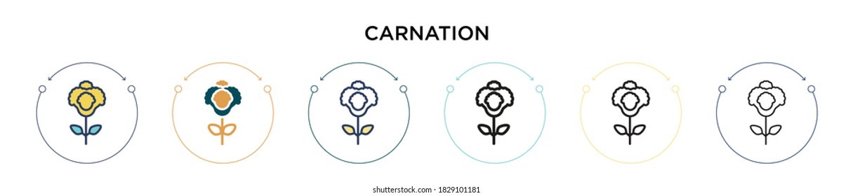 Icono de carnación en estilo relleno, delgado, contorno y trazo. Ilustración vectorial de dos diseños de iconos vectores de claveles de color y negro se pueden utilizar para móviles, ui, web