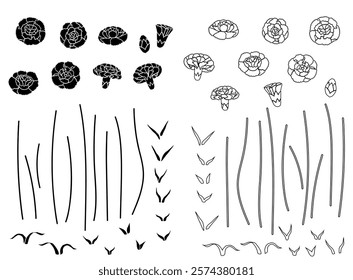 Carnation Line Art and Silhouette Illustration Material
