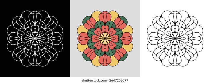 Mandala pétala de cravo com camadas intrincadas e preenchimentos geométricos brilhantes para decoração vibrante.