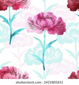 Carnation pink flowers watercolor seamless pattern. hand drawing. Not AI, Vector illustration