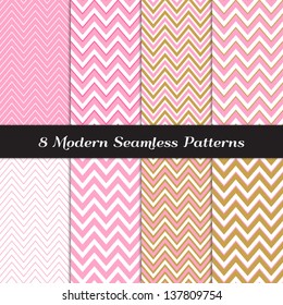 Carnation Pink, White and Gold Chevron Seamless Patterns. Pattern Swatches included and made with Global Colors - easy to change all patterns in one click.