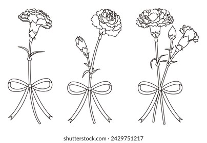 Carnation and ribbon line drawing set, variation material, icon, vector