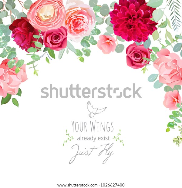 Carnation, rose, ranunculus, dahlia, pink and\
burgundy red flowers and decorative eucaliptus leaves vector design\
card. Chic summer wedding invitation frame. All elements are\
isolated and\
editable.