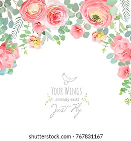 Carnación, rosa, ranunculus, flores rosadas y de color turquesa y eucaliptos decorativos dejan la tarjeta de diseño vectorial en blanco. Delicado marco de invitación a la boda de primavera. Todos los elementos son aislados y editables.