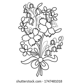 Carnations, forget-me-nots, freehand drawing black line on white background, coloring for children, print for coloring book, use for coloring 