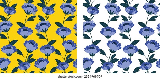 Claveles en azul pastel. Patrón sin fisuras para decorar diseños de moda, telas, Fondos de pantalla y estampados sobre un fondo amarillo y blanco.