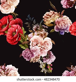 Carnations, Peony, Poppy and Roses buds with leaves. Different flowers. Seamless background pattern. Vector - stock.