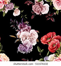 Carnations, Peony, Poppy and Roses buds with leaves. Different flowers. Seamless background pattern. Vector - stock.