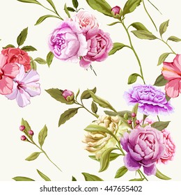 Carnations, Peony and roses with leaves. Seamless background pattern. Vector - stock.