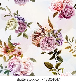 Carnations, Peony and roses with leaves. Watercolor. Seamless background pattern. Vector - stock.