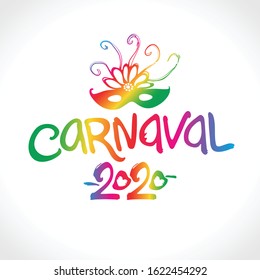 Carnaval 2020. Bright letters and beautiful mask vector logo in Spanish translates as carnival.