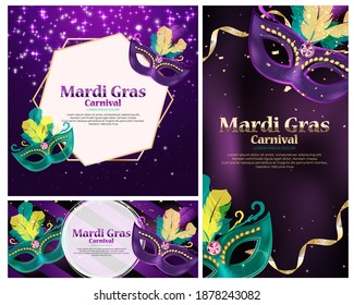 Carnaval Background set.Traditional mask with feathers and confetti for fesival, masquerade, parade.Template for design invitation,flyer, poster, banners. Vector Illustration
