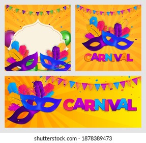 Carnaval Background set.Traditional mask with feathers and confetti for fesival, masquerade, parade.Template for design invitation,flyer, poster, banners. Vector Illustration
