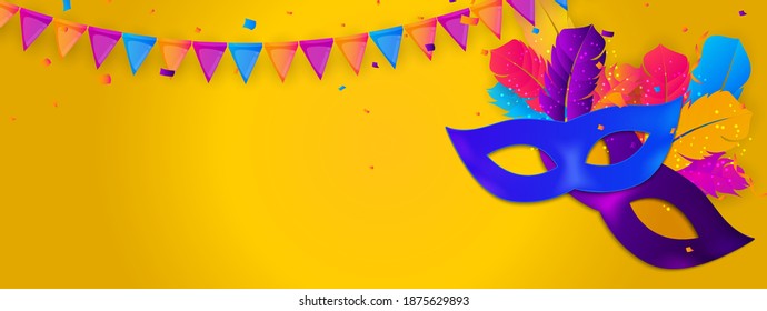 Carnaval Background Template.Traditional mask with feathers and confetti for fesival, masquerade, parade.Design for invitation,flyer, poste, banners. Vector Illustration