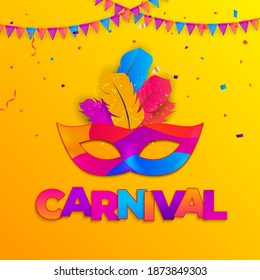 Carnaval Background.Traditional mask with feathers and confetti for fesival, masquerade, parade.Template for design invitation,flyer, poste, banners. Vector Illustration