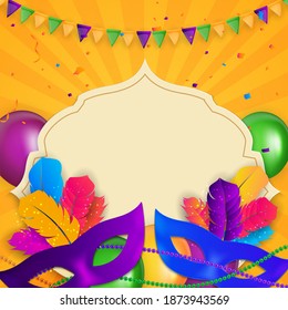 Carnaval Background.Traditional mask with feathers and confetti for fesival, masquerade, parade.Template for design invitation,flyer, poste, banners. Vector Illustration