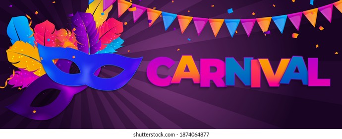 Carnaval Background.Traditional mask with feathers and confetti for fesival, masquerade, parade.Template for design invitation,flyer, poste, banners. Vector Illustration