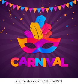 Carnaval Background.Traditional mask with feathers and confetti for fesival, masquerade, parade.Template for design invitation,flyer, poste, banners. Vector Illustration