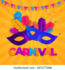 Carnaval Background.Traditional mask with feathers and confetti for fesival, masquerade, parade.Template for design invitation,flyer, poste, banners. Vector Illustration