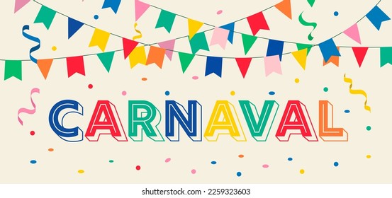 Carnaval (carnival) banner with confetti, streamers and flags garland, vector illustration.