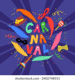 Carnaval (Carnival) handwritten text surrounded by some traditional elements like feathers and mask in colorful cartoon style