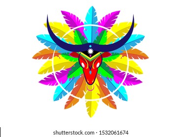 Carnaval de Barranquilla, Colombian carnival party. Vector illustration, poster and flyer. Logo Cartoon Bull Mask Icon with colorful feathers.  Isolated or white background