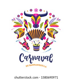 Carnaval De Barranquilla, Colombian Carnival Party. Vector Illustration, Poster And Flyer