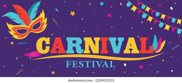 Carnaval festival concept. Invitation postcard design for party and event. Entertainment and carnival. Traditional bright mask with feathers. Mockup or template. Cartoon flat vector illustration