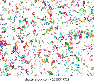 Carnaval or Festival Confetti. Colorful confetti pieces. Celebration party or Holiday background. Flying colorful glitter particles. Decoration pattern. Vector