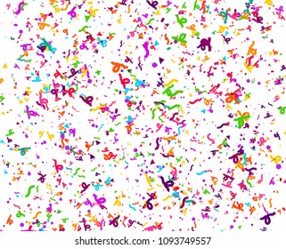 Carnaval or Festival Confetti. Colorful confetti pieces. Celebration party or Holiday background. Flying colorful glitter particles. Decoration pattern. Vector