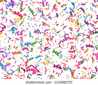 Carnaval or Festival Confetti. Colorful confetti pieces. Celebration party or Holiday background. Flying colorful glitter particles. Decoration pattern. Vector