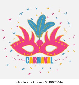 Carnaval festive background with carnival mask and color confetti. Brazil holiday banner. Vector illustration. 