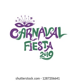 Carnaval Fiesta 2019. logo in spanish. Translated as Carnaval party 2019. Hand drawn two color template with Masquerade Mask. Vector pattern isolated on white.
