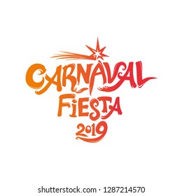 Carnaval Fiesta 2019. logo in spanish. Translated as Carnaval party 2019. Hand drawn vector template with firework star. Vector pattern isolated on white.