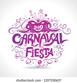 Carnaval Fiesta. logo in spanish. Carnival beautiful vintage title. Hand drawn vector templates with Masquerade Mask.