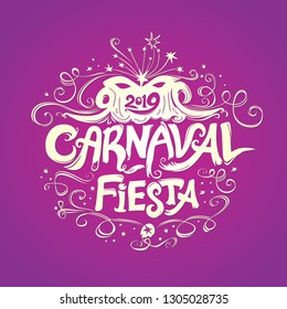 Carnaval Fiesta. logo in spanish. Carnival vintage title. Beautiful light logo on a rich purple background. Hand drawn vector templates with Masquerade Mask.