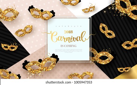 Carnaval funfair card with square frame and golden masks on modern geometric background. Vector illustration. Place for your text.