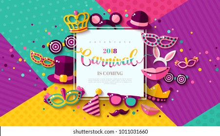Carnaval funfair card with square frame, photo booth props and masks on colorful modern geometric background. Vector illustration. Place for your text.