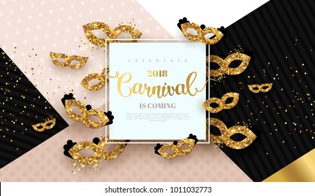 Carnaval funfair card with square frame and golden masks on modern geometric background. Vector illustration. Place for your text.