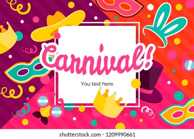 Carnaval funfair card with square frame, photo booth props and masks on colorful modern geometric background. Vector illustration. Place for your text.