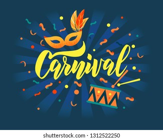 Carnaval hand lettering text as banner, card, logo, icon, invitation template. Vector illustration with colorful party elements.