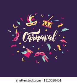 Carnaval hand lettering text as banner, card, logo, icon, invitation template. Vector illustration with colorful party elements.