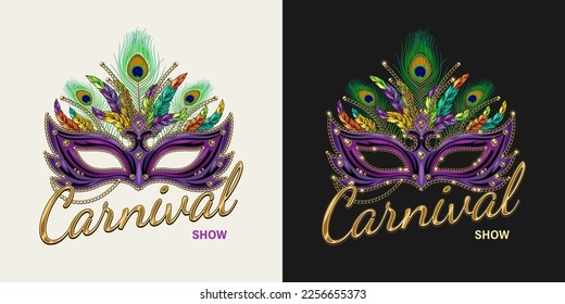 Carnaval label with luxury masquerade mask, feathers, jewelry chains, golden text Carnival show. For prints, clothing, t shirt, surface design. Vintage style