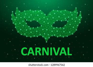 Carnaval mask low poly in green color. Brazil carnival holiday banner for Mardi Gras with polygonal wireframe mesh. Vector illustration.