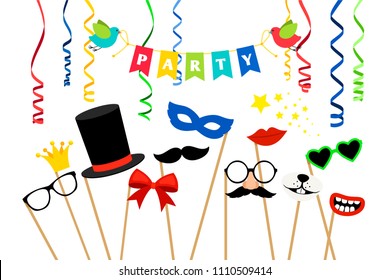 Carnaval party accessories. Masquerade masks and birthday photo booth props vector illustration