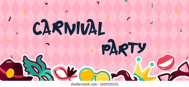 Carnaval party  banner template with mask, confetti and photo booth props, festive colorful background with text. vector illustration